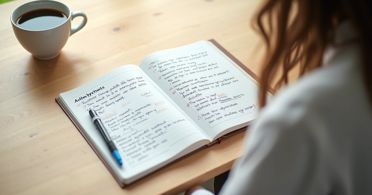 Caderno com anotações de conquistas e metas em uma mesa clara