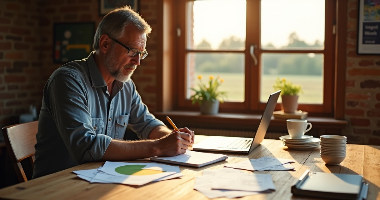 Pessoa anotando despesas rurais em caderno e computador 