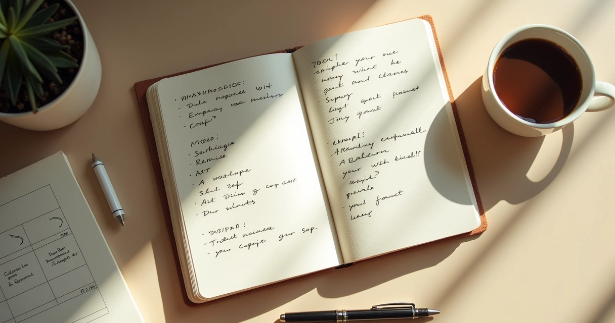 Caderno com anotações de emoções e decisões ao lado de uma xícara de café 
