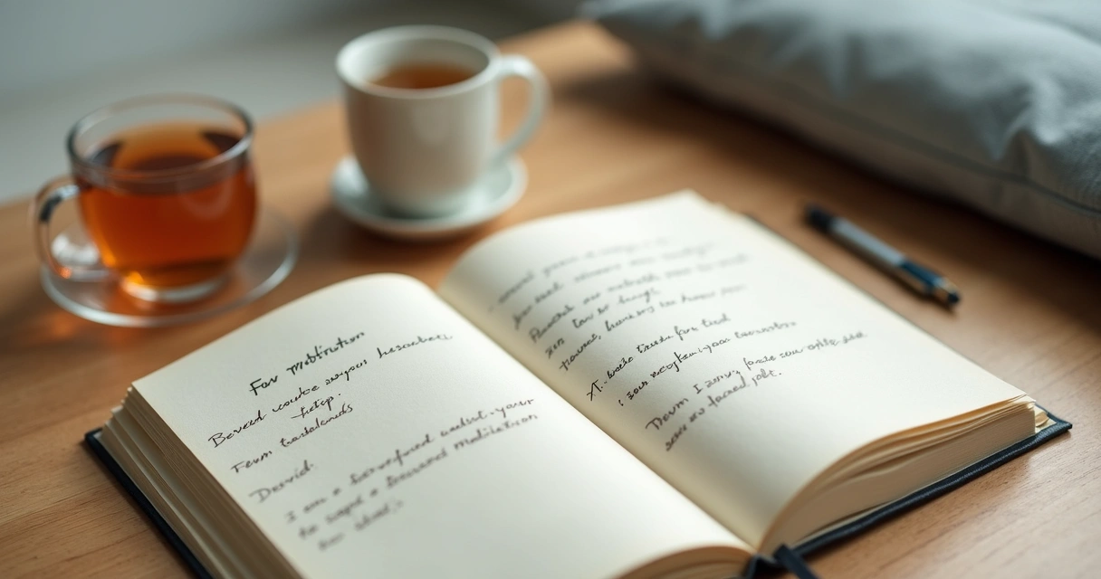 Caderno com anotações após meditação ao lado de uma xícara e almofada