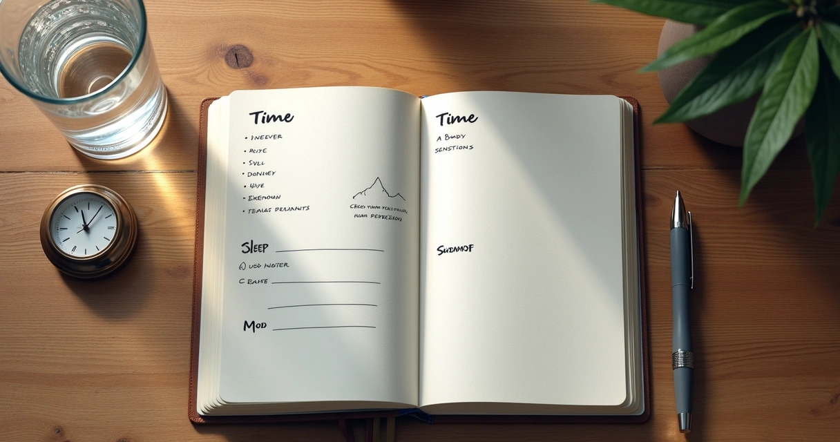 Caderno com registro de sintomas ao lado de copo de água e relógio 