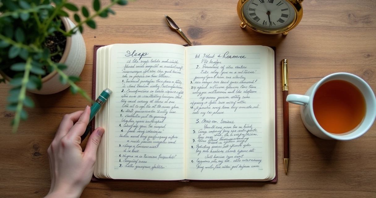 Caderno com anotações de sintomas ao lado de xícara e relógio 