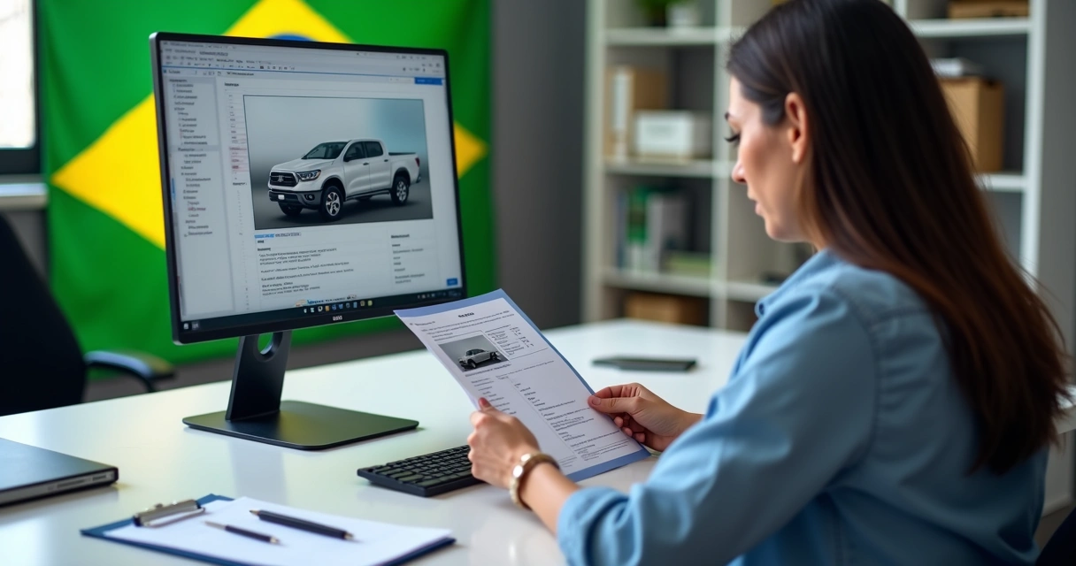 Pessoa preenchendo formulário de registro de veículo com documentos em mesa 