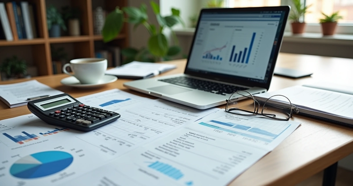 Mesa de escritório com documentos fiscais, calculadora e computador mostrando planilha de despesas para controle contábil e redução de tributos 