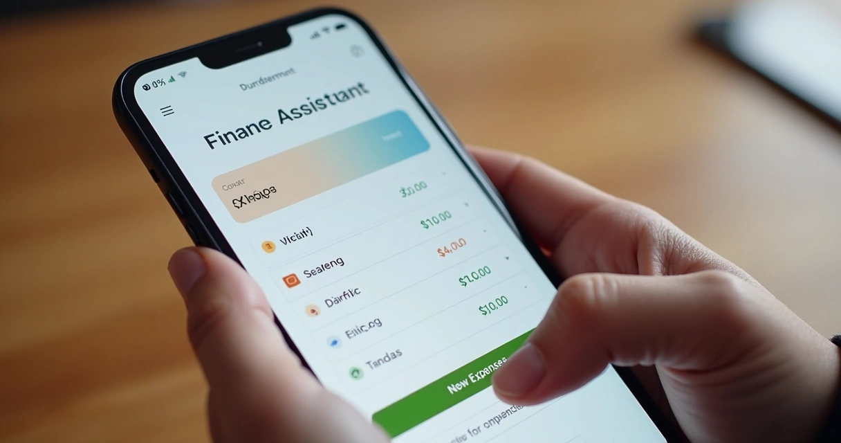 Tela de celular com interface de assistente financeiro mostrando categorias de despesas 