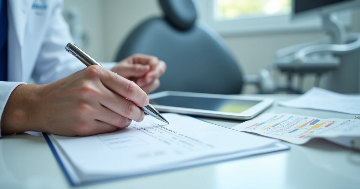 Dentista anotando receitas e despesas em caderno e tablet 