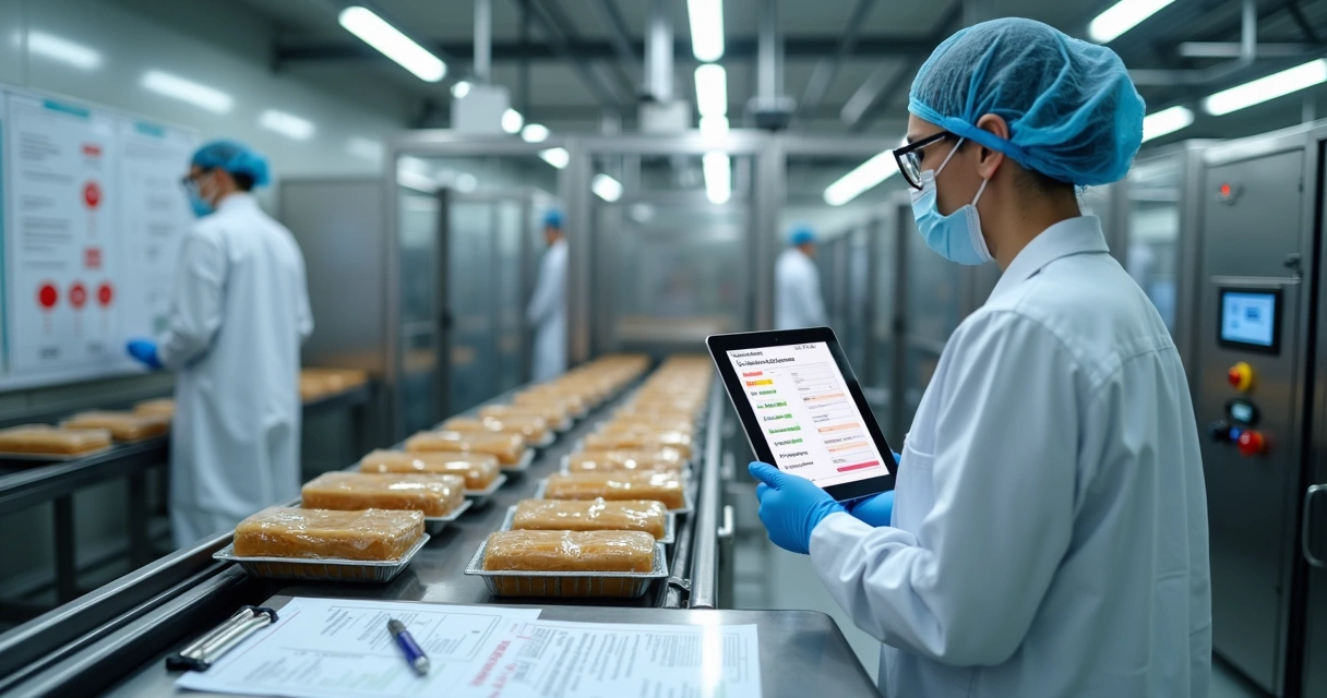 Supervisor registrando desvios de processo em fábrica de alimentos com tablet 