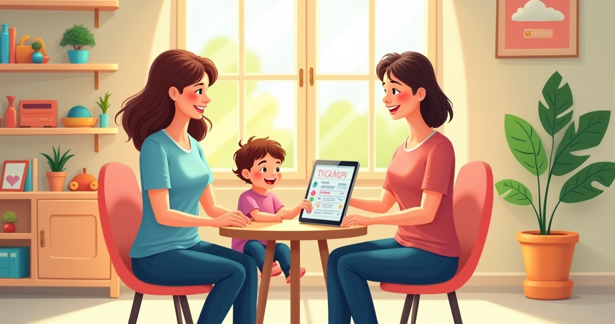 Mãe e terapeuta juntos usando um tablet em sala colorida com criança, tela mostrando gráfico de progresso 