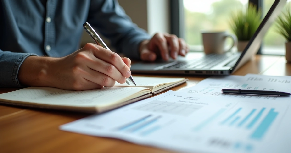 Pessoa anotando movimentações financeiras em laptop e caderno, com calculadora ao lado. 