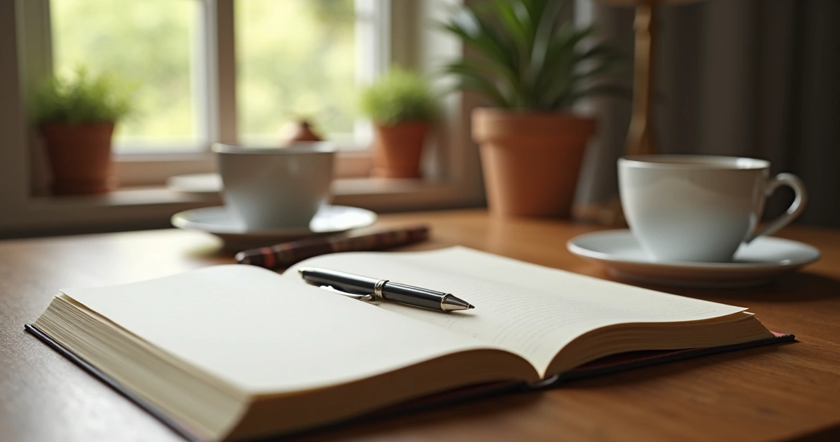 Caderno de anotações aberto ao lado de uma caneta em ambiente calmo 