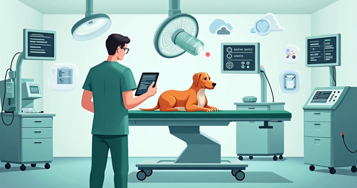 Veterinário usando tablet para fichas anestésicas digitais em centro cirúrgico 