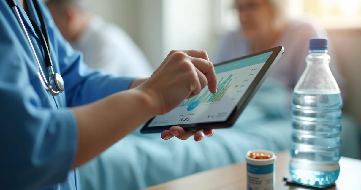 Enfermeira registra hidratação em tablet na ILPI 
