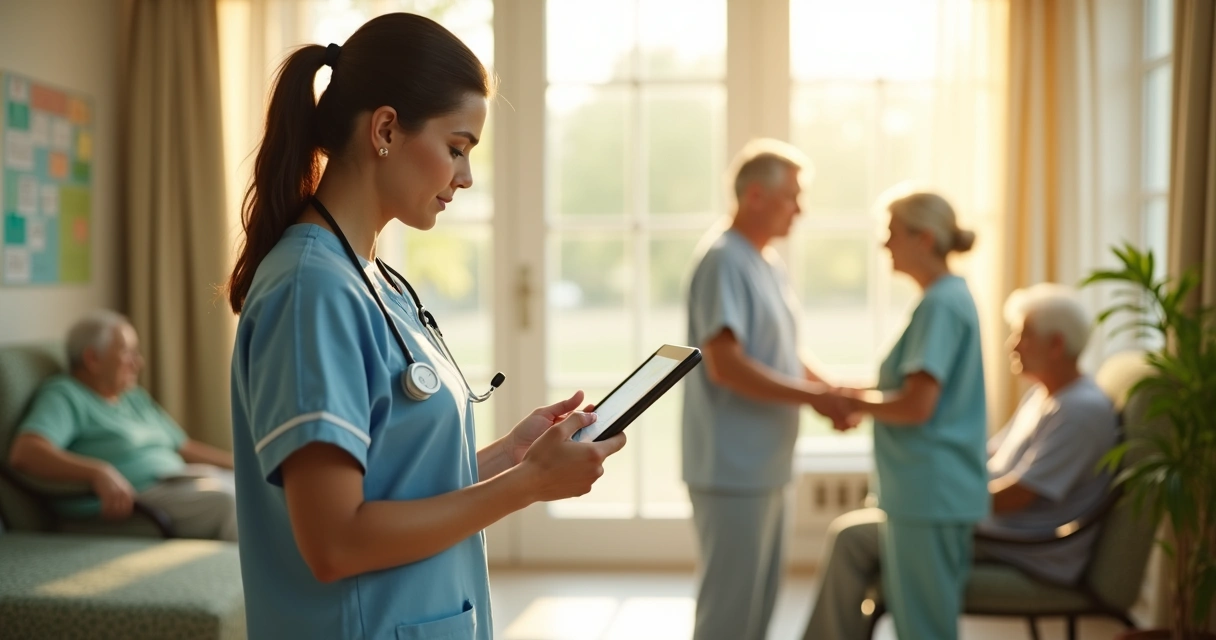 Profissional de saúde usando tablet em ambiente de ILPI, registrando informações digitais 