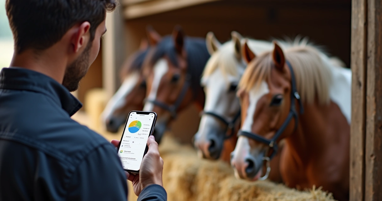 Pessoa usando celular próximo de cavalos para registrar dados 