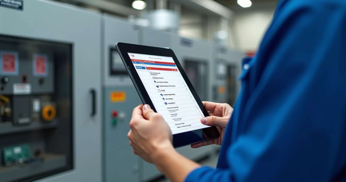 Técnico industrial preenchendo checklist digital de LOTO em tablet. 