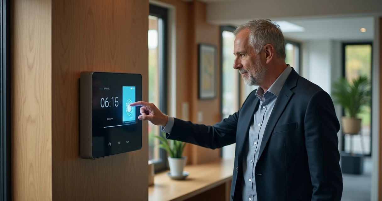 Funcionário usando leitor de ponto digital em empresa familiar 