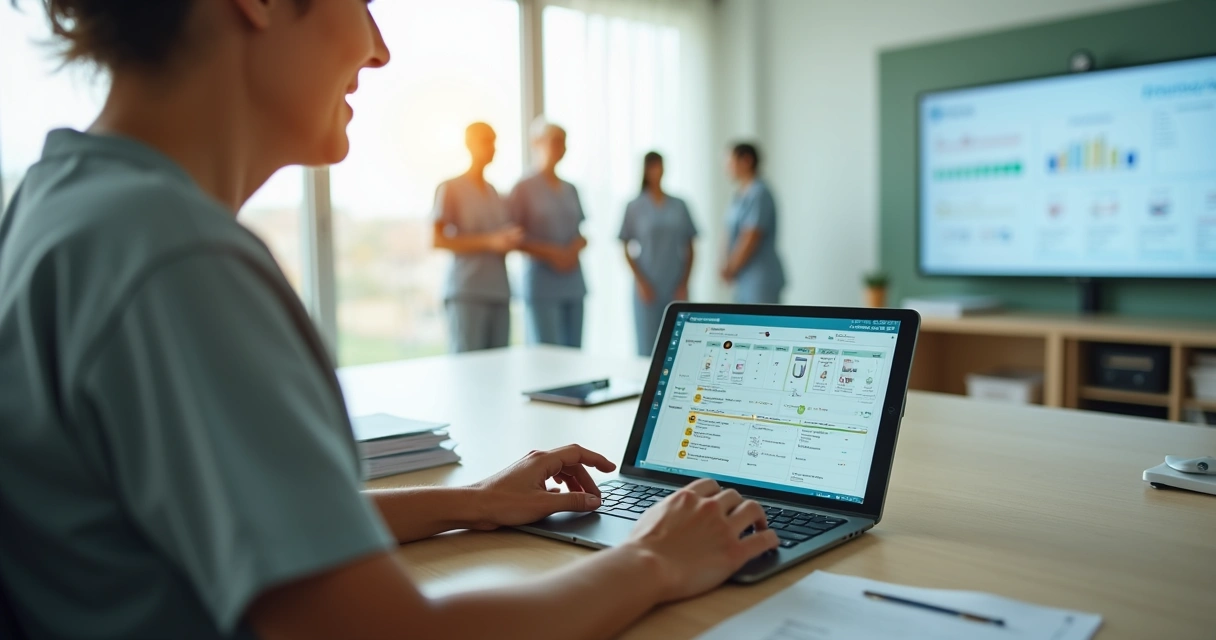 Profissional de saúde em ILPI conferindo painel digital com alertas no tablet 