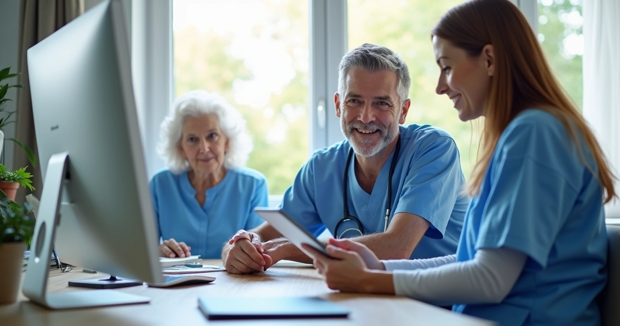 Equipe de saúde utilizando tablet e computador em ambiente de ILPI 