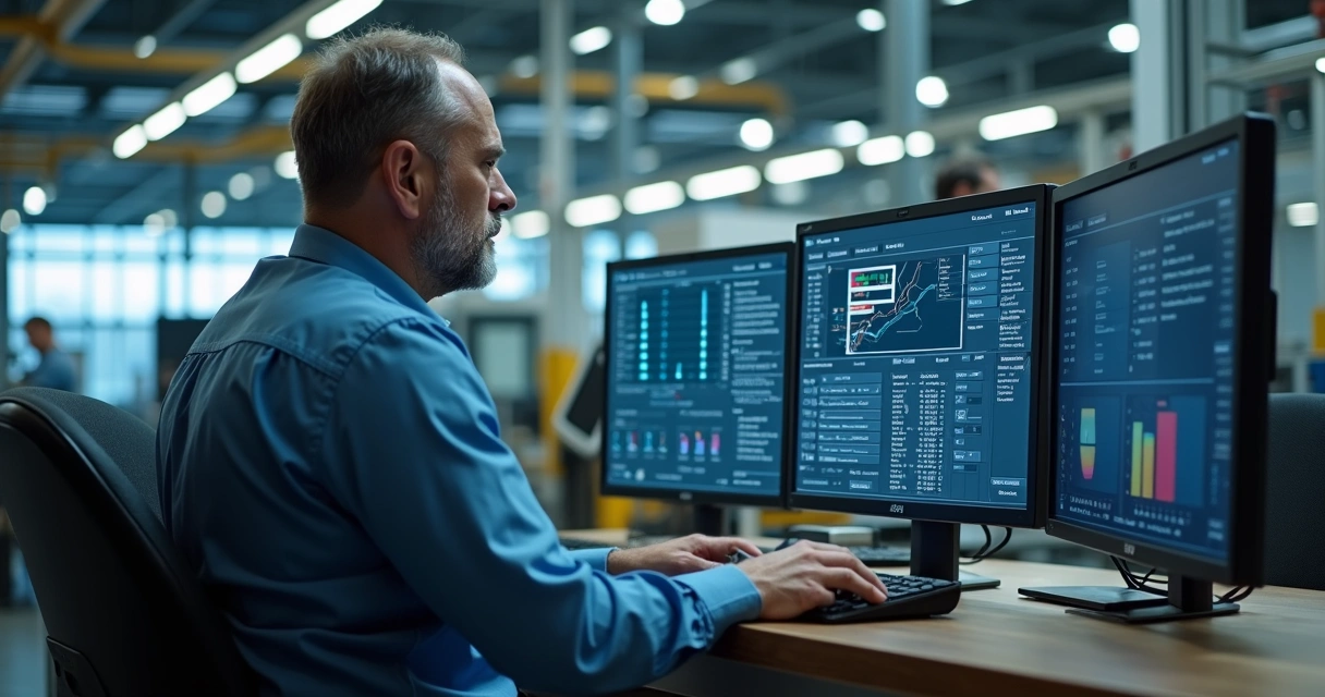 Operador industrial digitando dados em um computador na fábrica 