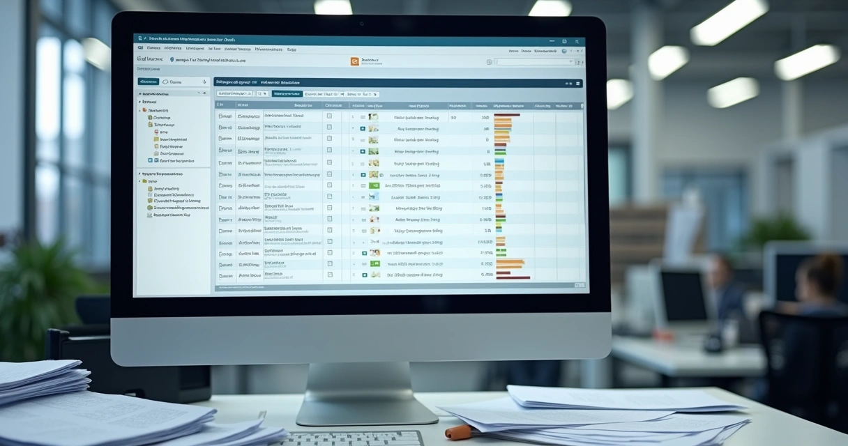 Registro digital de inspeção na tela de computador e documentos ao fundo 