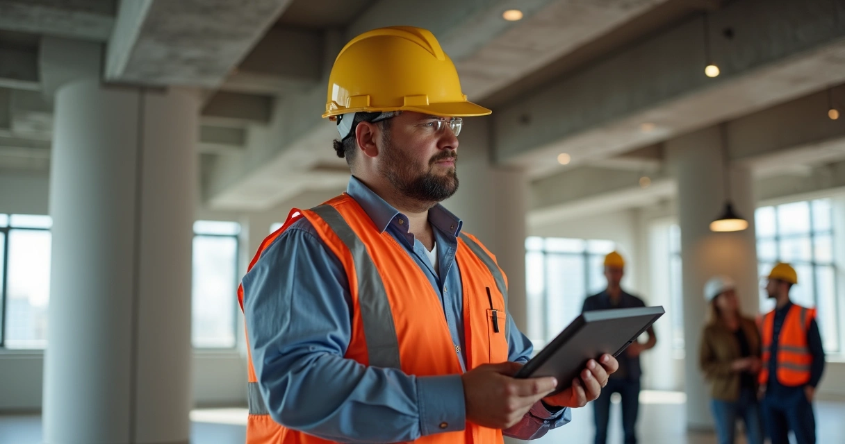 Engenheiro mostrando registro digital de manutenção de laje em tablet 