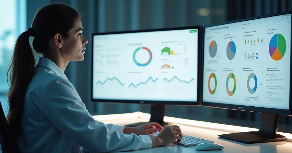 Nutricionista analisando gráficos digitais em tela dupla 