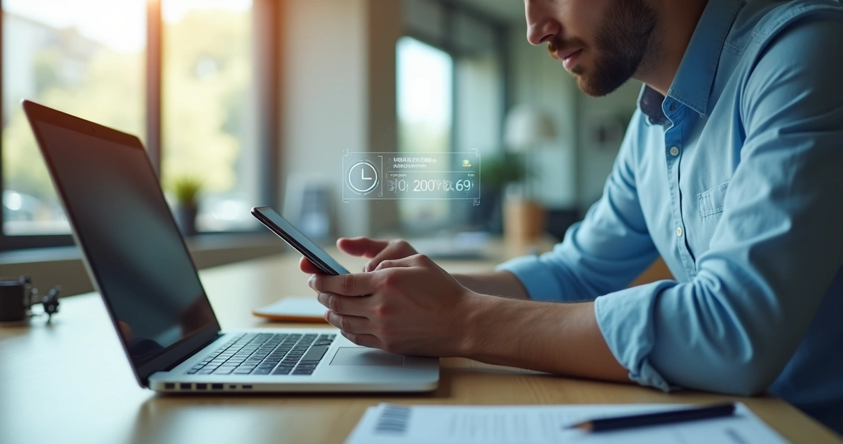 Empleado usando app de asistencia digital en oficina 