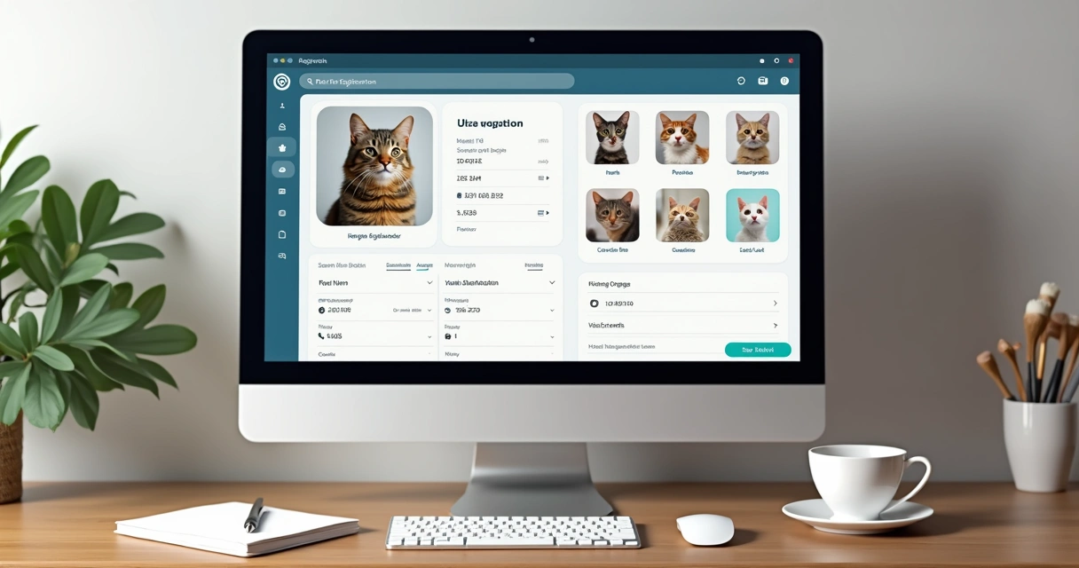 Tela de computador mostrando cadastro digital de pet com informações e fotos