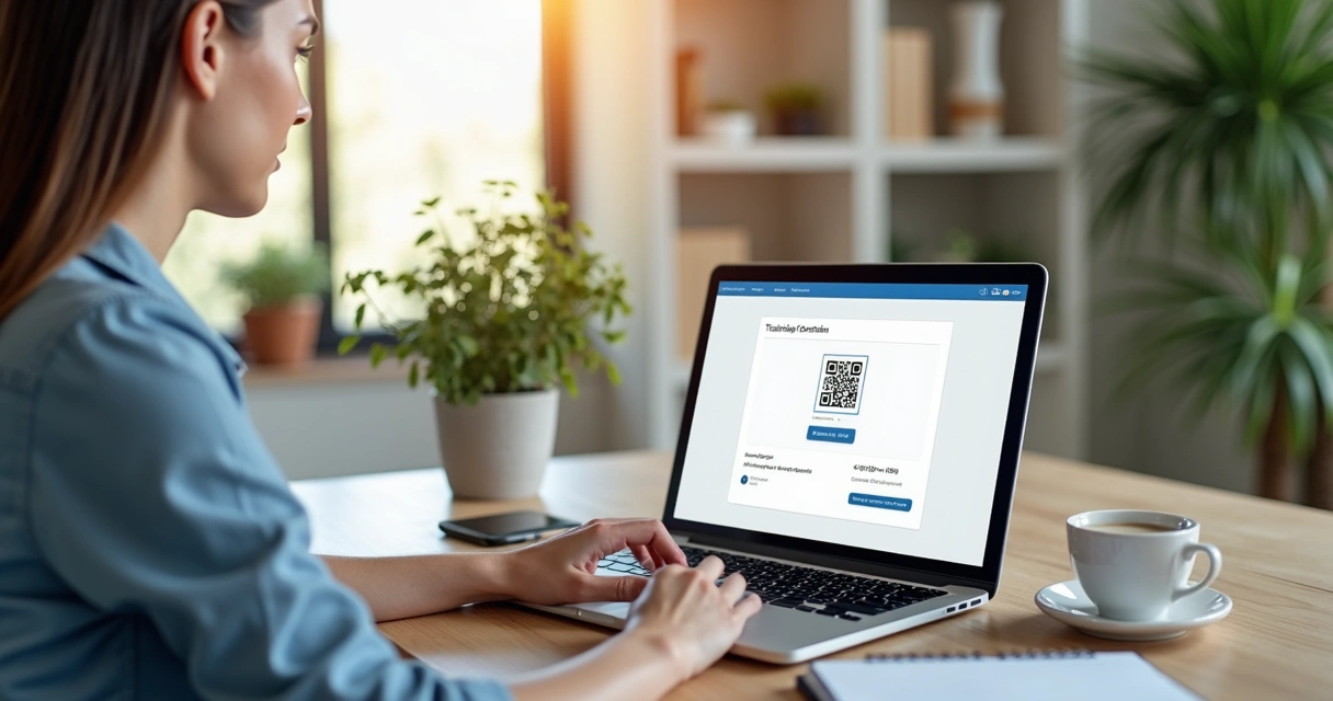 Profissional acessando plataforma de treinamento, visualizando certificados com QR code na tela 