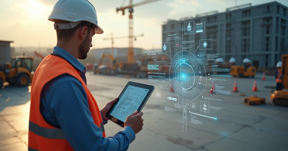Técnico fazendo registro digital de manutenção em tablet em obra 