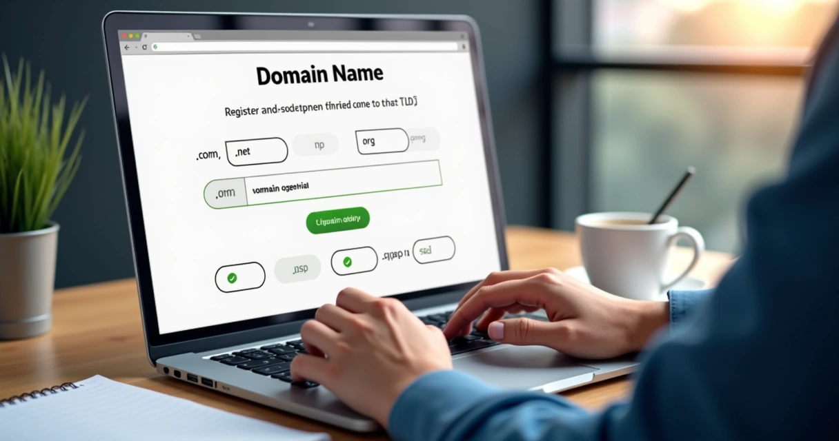 Usuário registrando domínio em notebook com tela mostrando vários TLDs. 