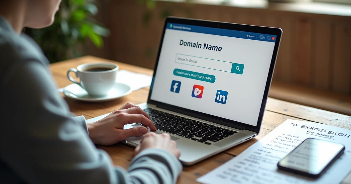 Pessoa pesquisando nome para domínio e redes sociais em notebook 