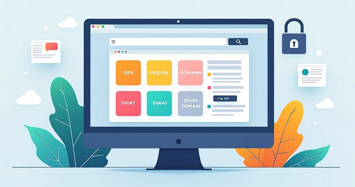 Tela de computador com página de registro de domínio aberta, blocos coloridos com nomes criativos e indicador de segurança 