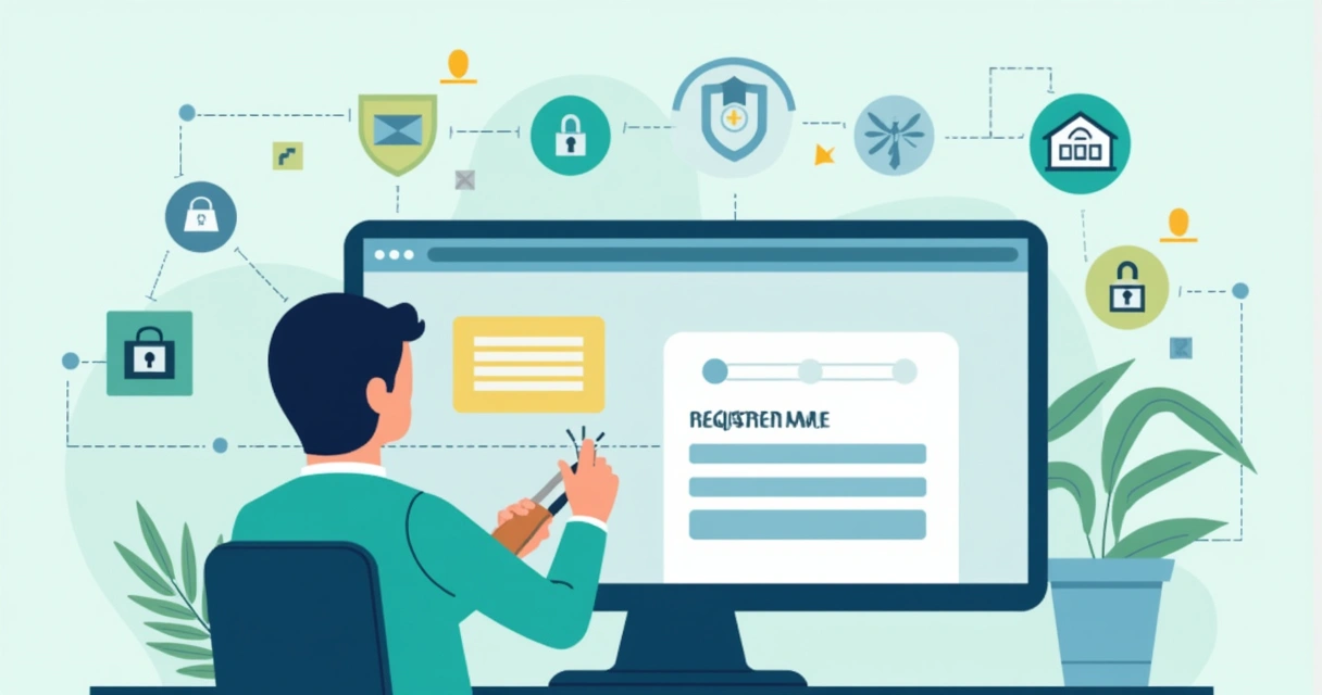 Ilustração de um usuário registrando domínio com segurança online 