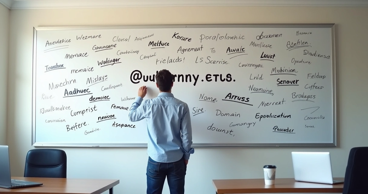 Homem segurando uma placa com diferentes opções de nomes de domínio para site