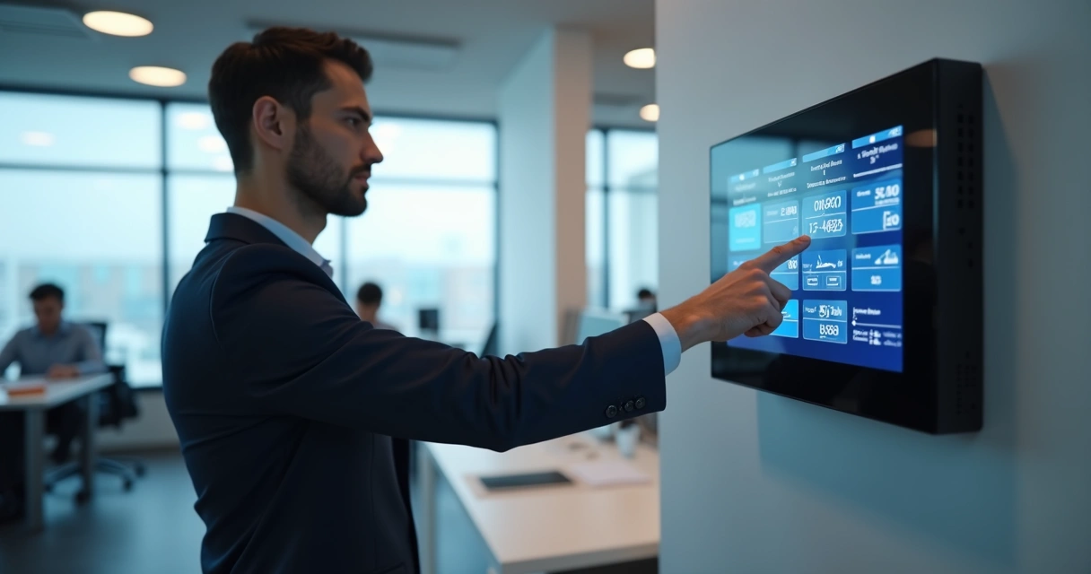 Funcionário utilizando relógio de ponto eletrônico com tela digital em ambiente de escritório moderno 