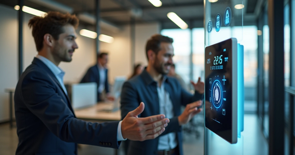 Funcionário registrando ponto eletrônico digital em empresa moderna 