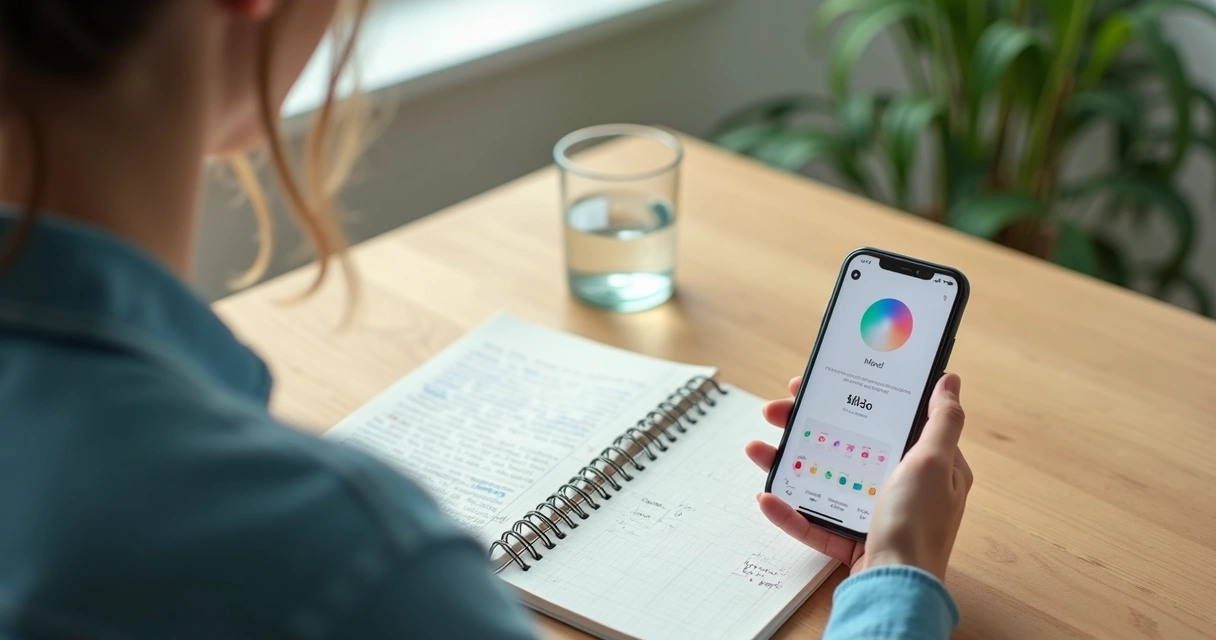Pantalla de registro emocional con libreta y teléfono