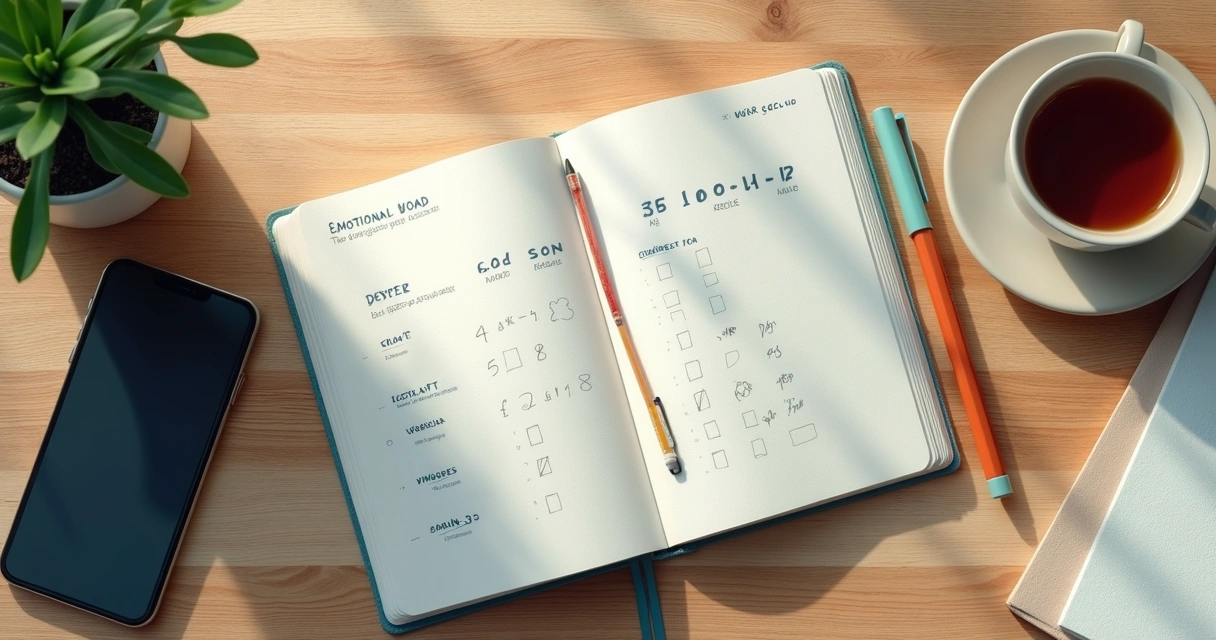 Caderno com escala emocional e caneca sobre mesa