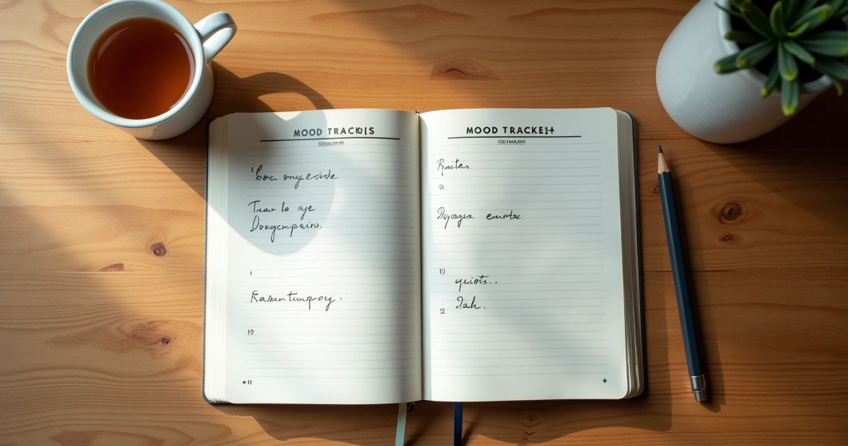 Caderno com registro emocional ao lado de uma xícara e lápis