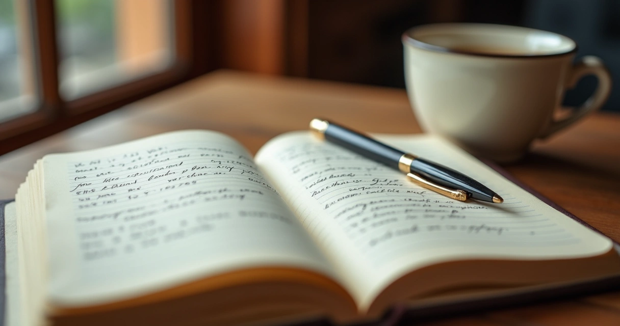 Caderno, caneta e xícara de café sobre mesa de madeira 