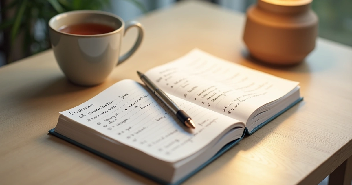 Caderno com anotações emocionais e xícara sobre mesa clara 