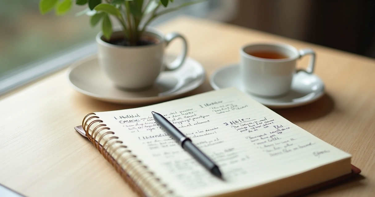 Caderno com anotações emocionais e xícara sobre a mesa