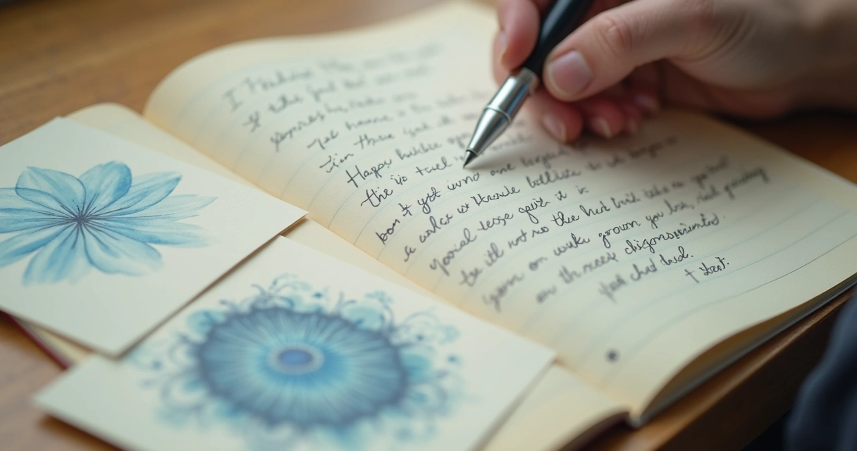 Caderno com anotações emocionais ao lado de cartas