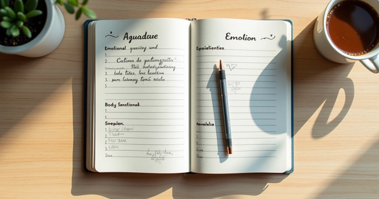 Caderno com registro emocional e xícara sobre mesa clara