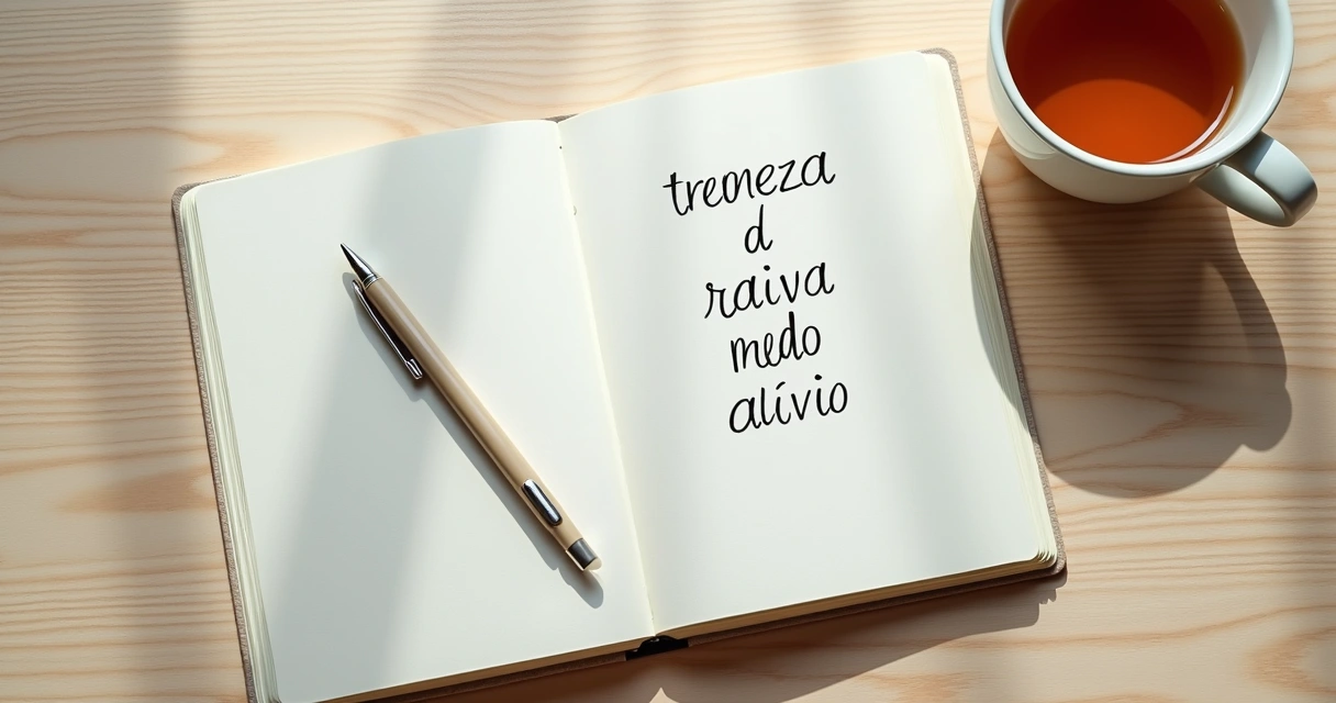 Caderno com anotações emocionais e xícara sobre mesa clara 