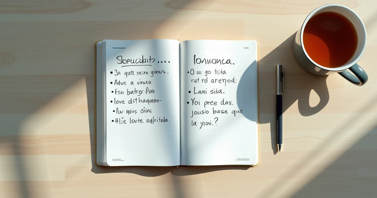 Caderno com anotações emocionais e xícara sobre mesa clara