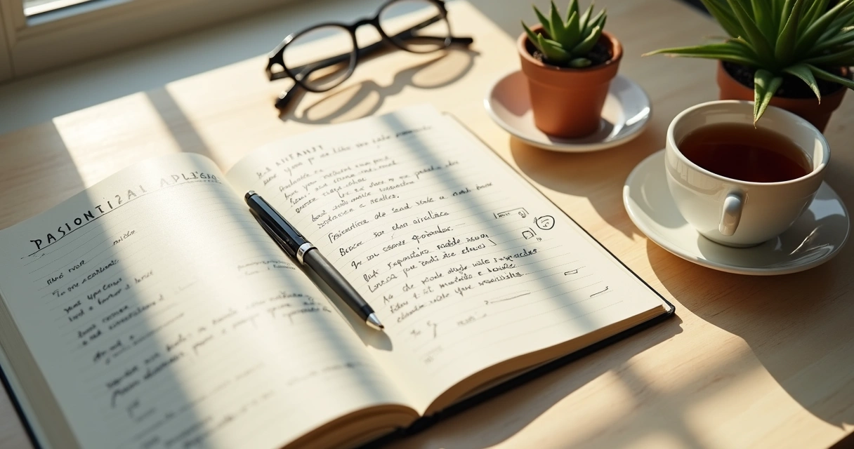 Caderno com anotações emocionais e xícara sobre mesa clara