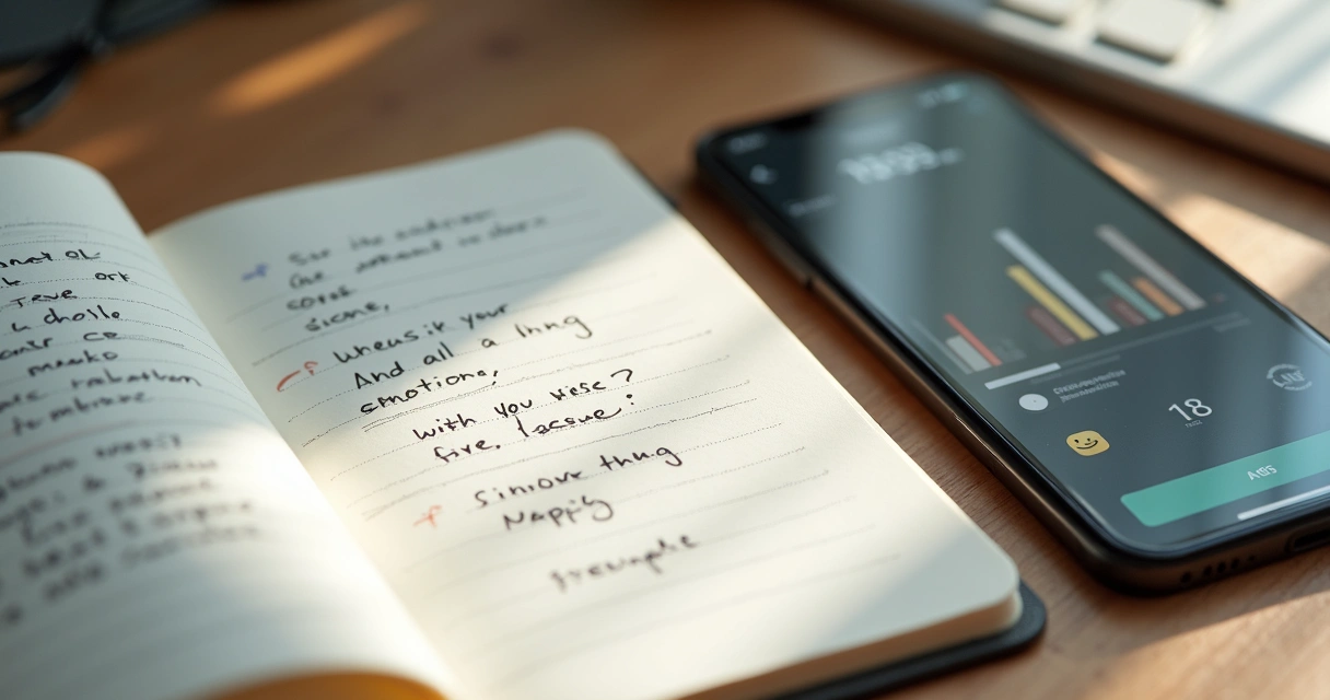 Caderno aberto com anotações sobre emoções e aplicativo de celular ao lado