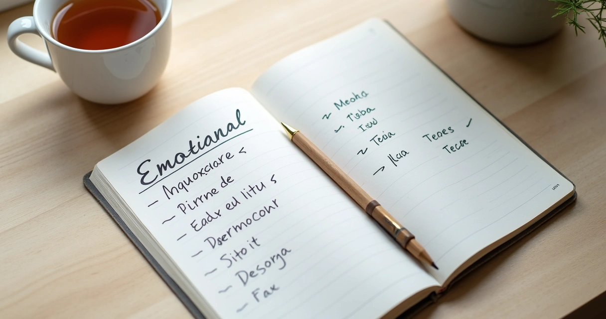 Cuaderno abierto con notas emocionales y una taza sobre escritorio claro 